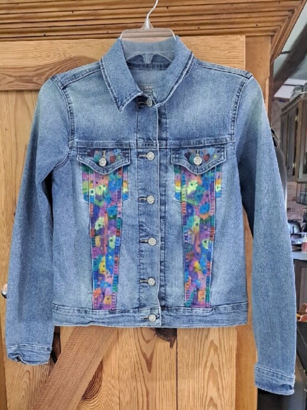Hand Painted Denim Jacket with Colorful Panel Accents Cartoon - Picture 4 of 12